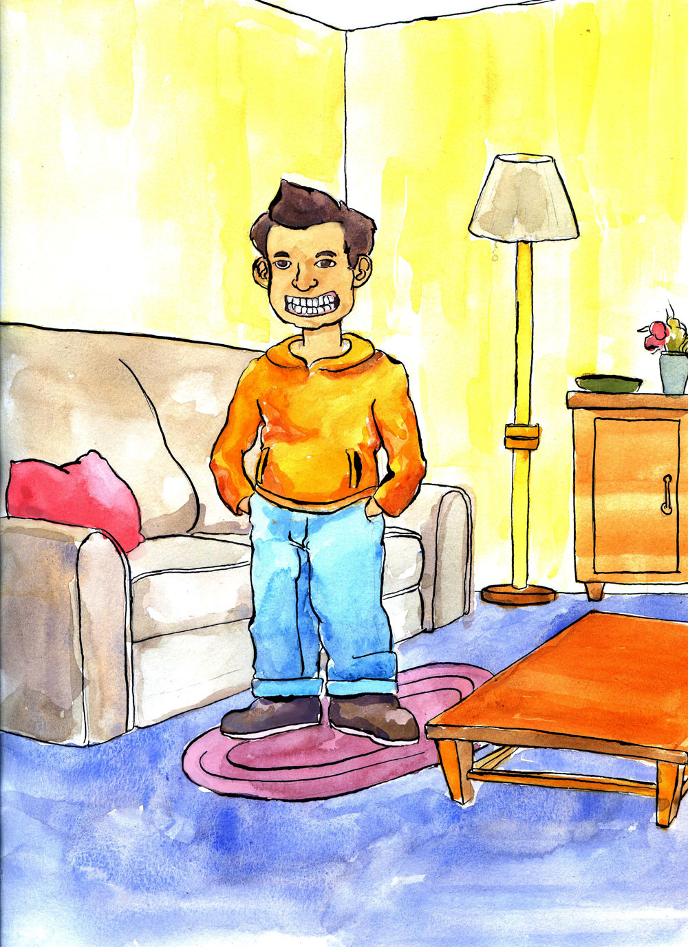 young boy in an orange jacket in living room