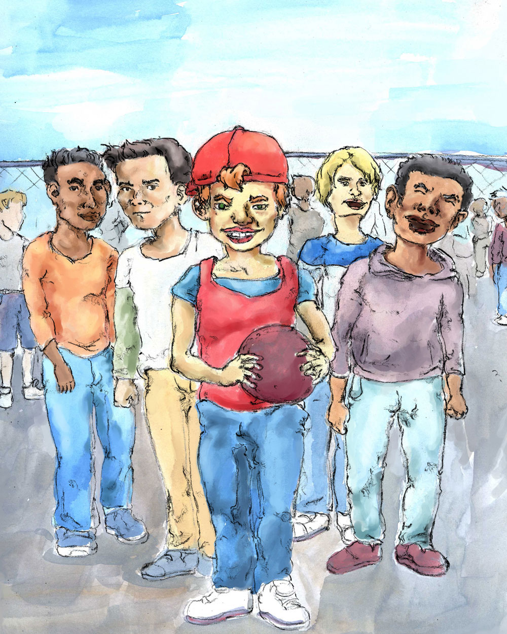 schoolyard bullies harass victim with red ball