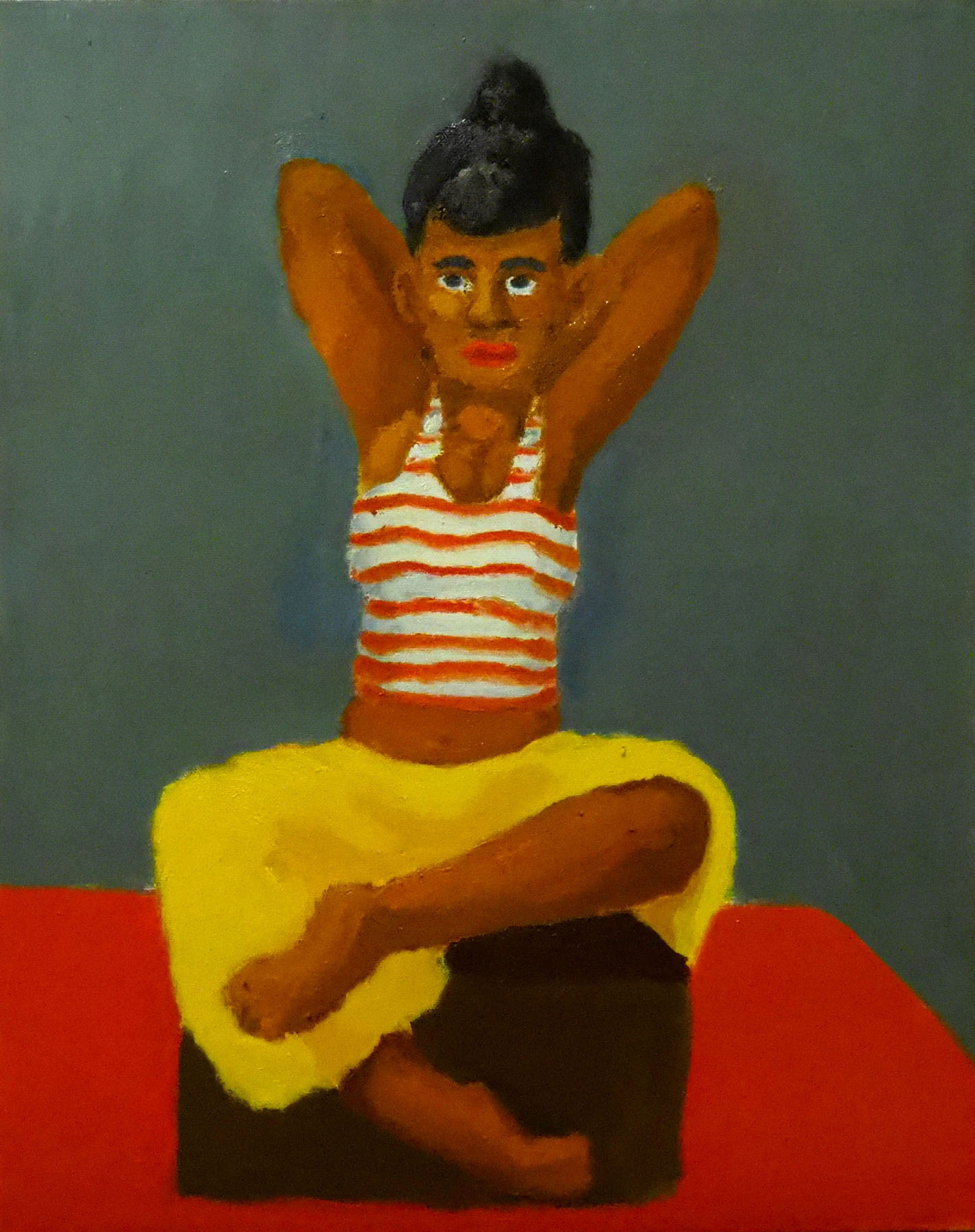 Royce Sebastian Brown-A Seated Muse Woman Striped Shirt Posing Hands over head